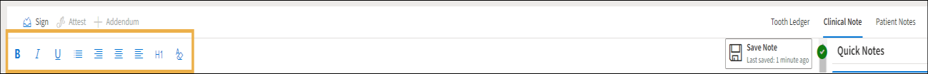 Clinical Note tab with a yellow highlight box around the format editor section.